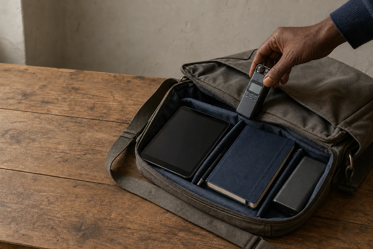 An anonymous hand prepares recording and note-taking equipment in an open field bag