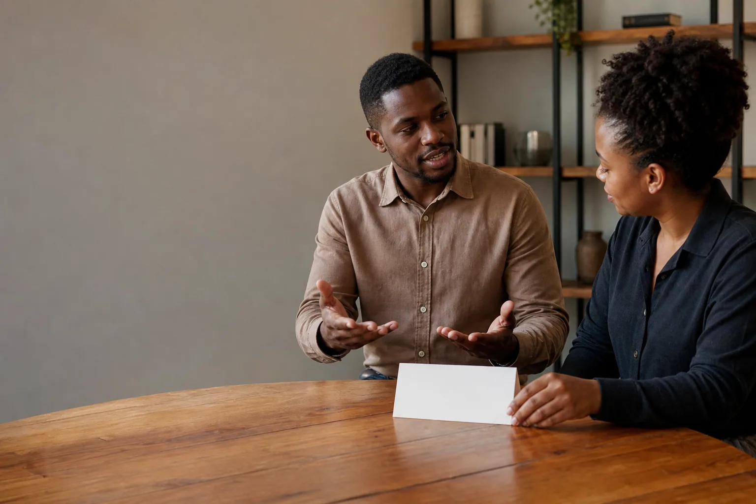 Two anonymous professionals practise a facilitated exchange using a blank prompt card