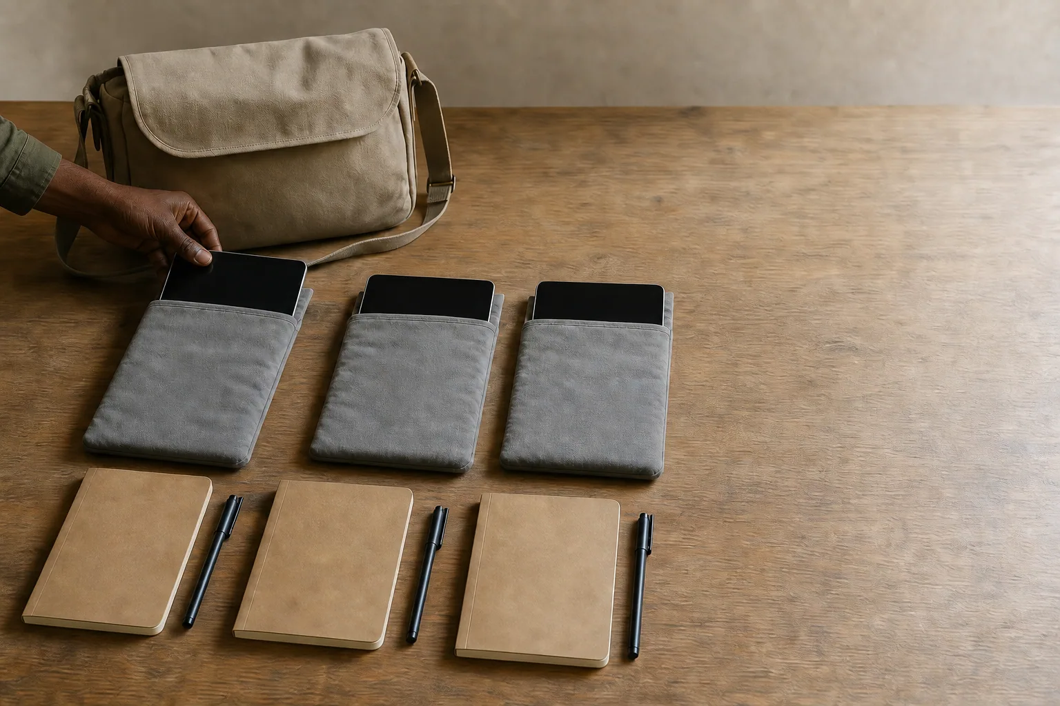 An anonymous hand prepares powered-off tablets and notebooks for fieldwork